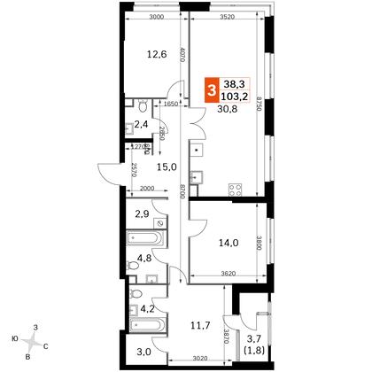 103,2 м², 4-комн. квартира, 40/43 этаж