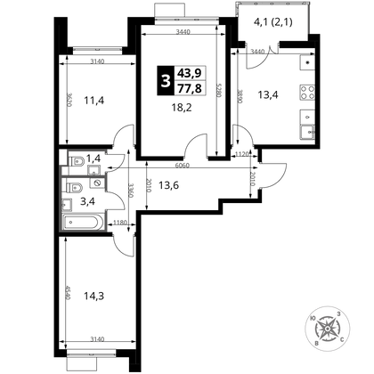 77,8 м², 3-комн. квартира, 13/22 этаж