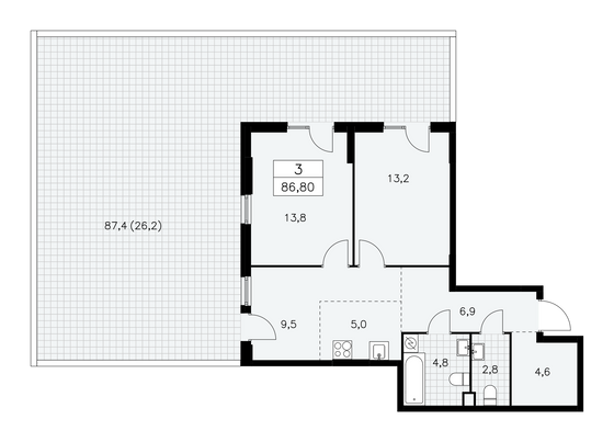 86,8 м², 3-комн. квартира, 2/30 этаж