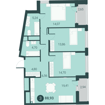 88,9 м², 3-комн. квартира, 17/23 этаж