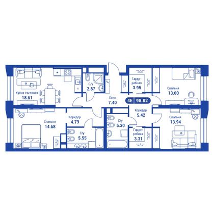 98,8 м², 4-комн. квартира, 7/24 этаж