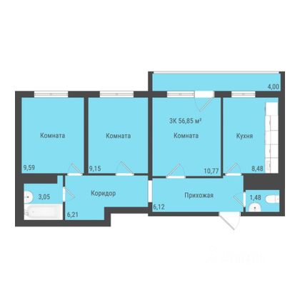 Продажа 3-комнатной квартиры 56,9 м², 2/10 этаж