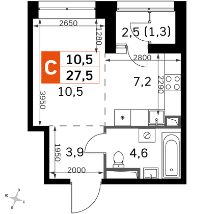 27,6 м², студия, 22/30 этаж