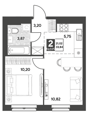 Продажа 2-комнатной квартиры 33,8 м², 4/25 этаж