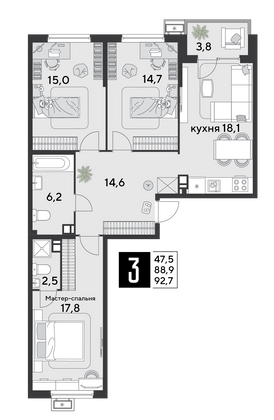 Продажа 3-комнатной квартиры 92,7 м², 3/9 этаж