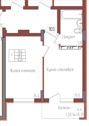 34,2 м², 1-комн. квартира, 4/9 этаж