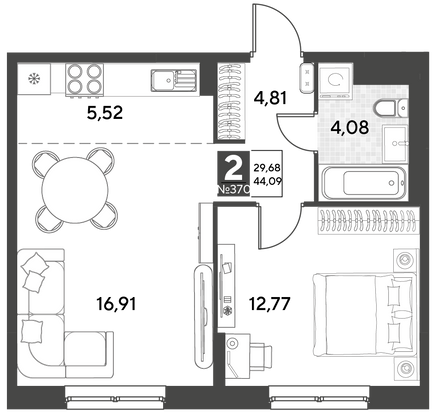 Продажа 2-комнатной квартиры 44,1 м², 24/25 этаж
