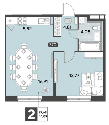 Продажа 2-комнатной квартиры 44,1 м², 24/25 этаж