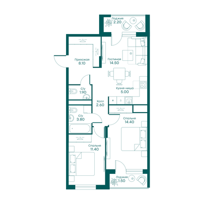 65,4 м², 3-комн. квартира, 2/6 этаж