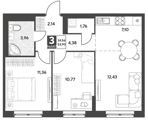 Продажа 3-комнатной квартиры 53,9 м², 10/25 этаж