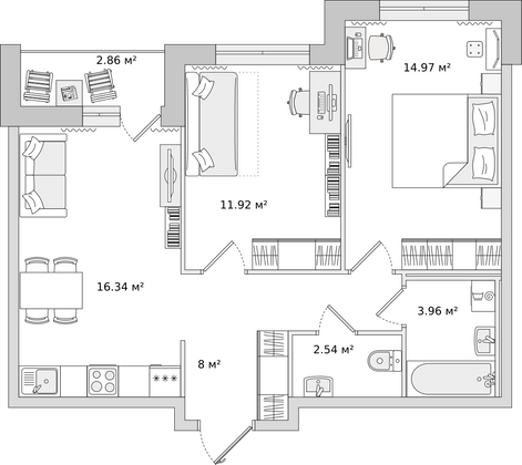 57 м², 2-комн. квартира, 14/22 этаж