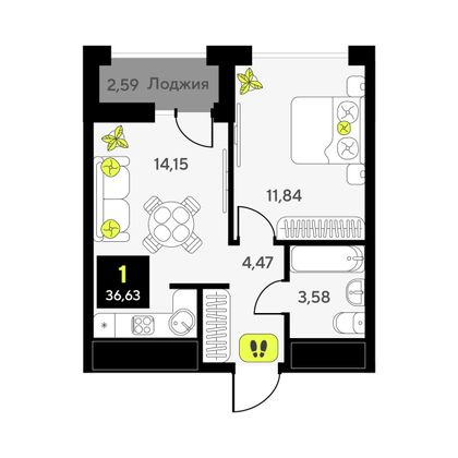 36,6 м², 1-комн. квартира, 2/10 этаж