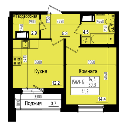 41,2 м², 1-комн. квартира, 9/23 этаж