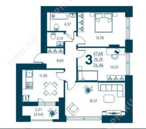 Продажа 3-комнатной квартиры 74 м², 9/10 этаж