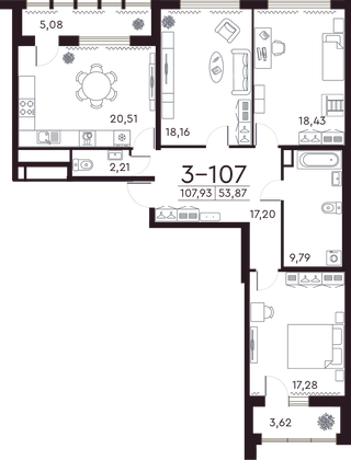 108,3 м², 3-комн. квартира, 7/8 этаж