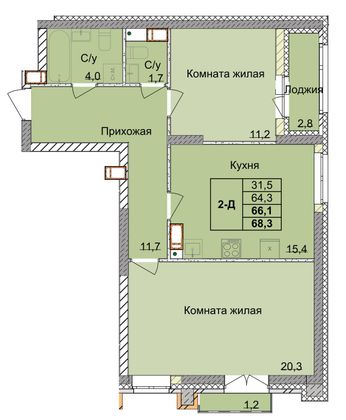 Продажа 2-комнатной квартиры 66,1 м², 2/18 этаж