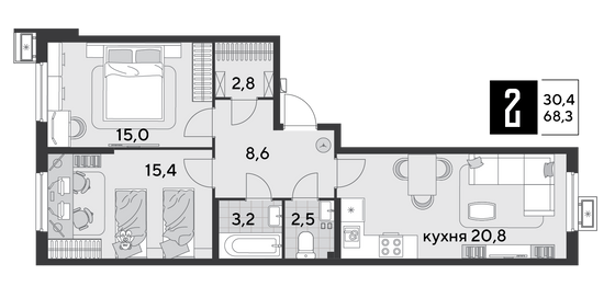 Продажа 2-комнатной квартиры 68,3 м², 2/18 этаж