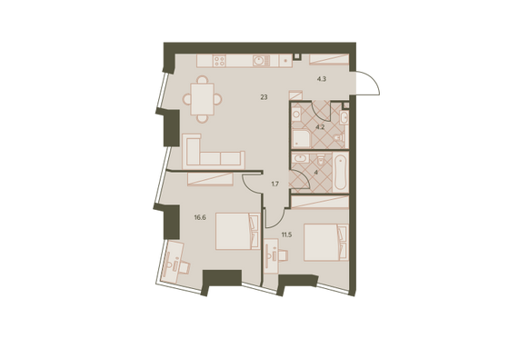 65,9 м², 3-комн. квартира, 19/42 этаж