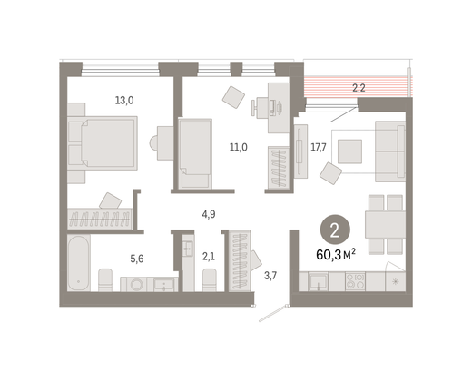 Продажа 2-комнатной квартиры 60,3 м², 9/9 этаж