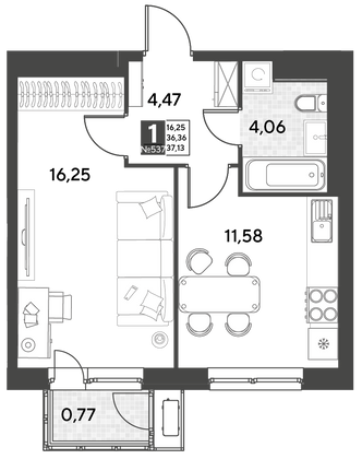 Продажа 1-комнатной квартиры 37,1 м², 21/21 этаж