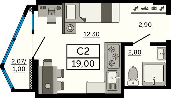 18,5 м², студия, 19/26 этаж