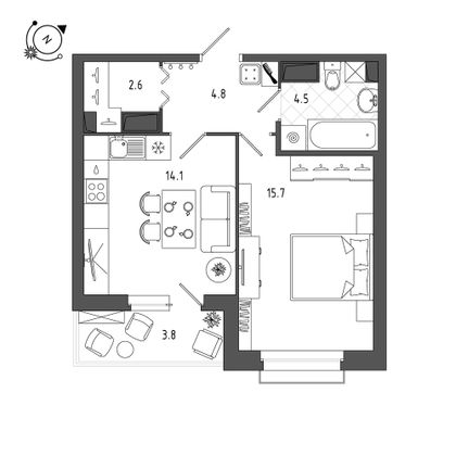 44,1 м², 1-комн. квартира, 11/12 этаж