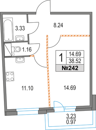 38,5 м², 1-комн. квартира, 14/16 этаж