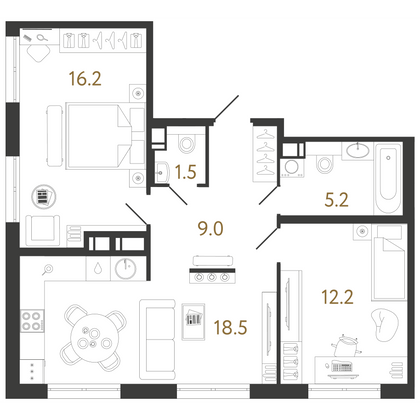 62,6 м², 2-комн. квартира, 10/15 этаж