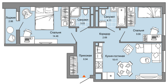 61 м², 3-комн. квартира, 5/7 этаж