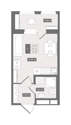 22,5 м², студия, 11/12 этаж