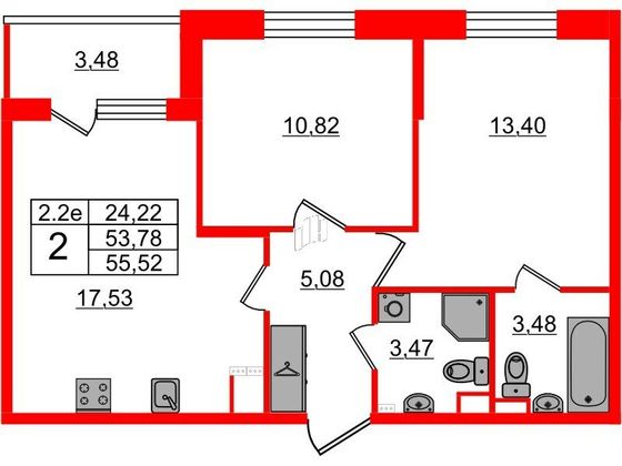 Продажа 2-комнатной квартиры 53,8 м², 2/5 этаж