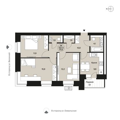 70,5 м², 3-комн. квартира, 2/12 этаж