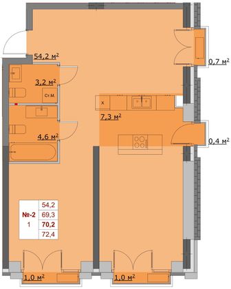 70,2 м², 2-комн. квартира, 2/6 этаж