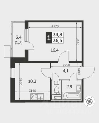 Продажа 1-комнатной квартиры 36,5 м², 6/9 этаж