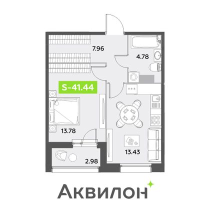 41,4 м², 1-комн. квартира, 3/12 этаж