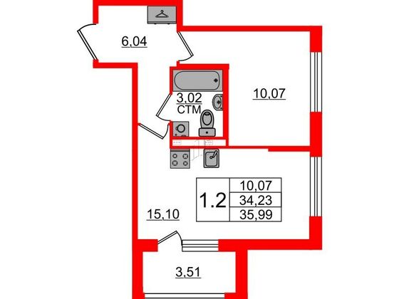 Продажа 1-комнатной квартиры 34,2 м², 2/4 этаж
