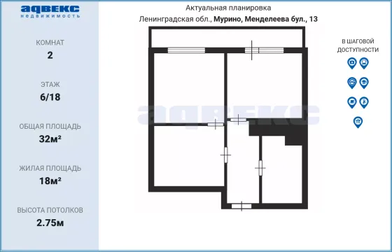 Продажа 2-комнатной квартиры 32 м², 6/18 этаж