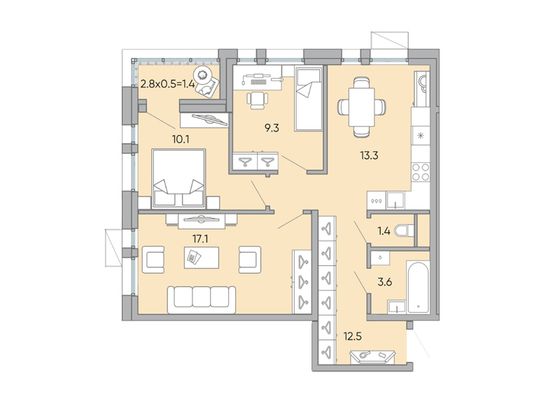 68,6 м², 3-комн. квартира, 14/18 этаж