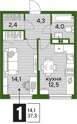 Продажа 1-комнатной квартиры 37,3 м², 12/19 этаж
