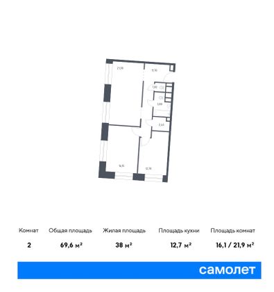 69,6 м², 2-комн. квартира, 6/10 этаж