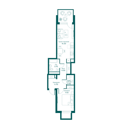 44,1 м², 2-комн. квартира, 1/6 этаж