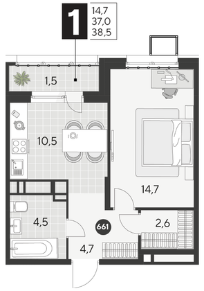 Продажа 1-комнатной квартиры 38,5 м², 6/21 этаж