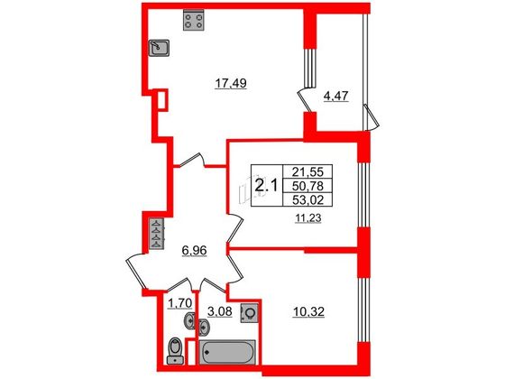 Продажа 2-комнатной квартиры 50,8 м², 1/4 этаж