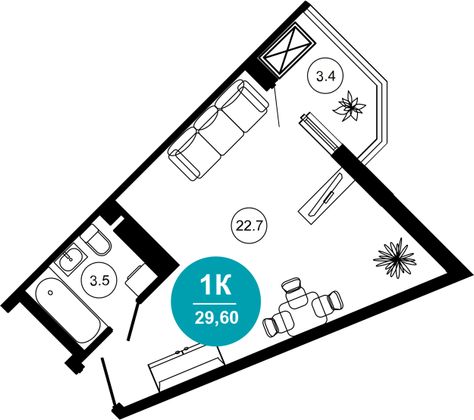 29,6 м², 1-комн. квартира, 5/10 этаж