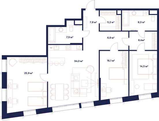 132,9 м², 4-комн. квартира, 2/23 этаж