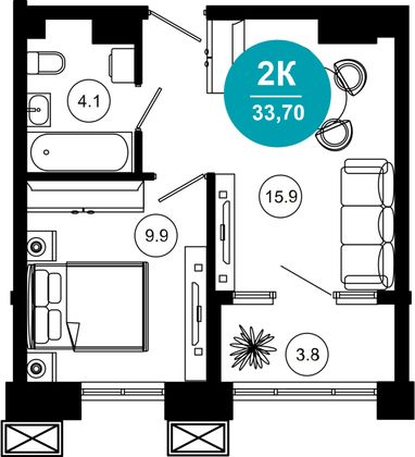 33,7 м², 2-комн. квартира, 2/10 этаж