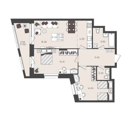 Продажа 3-комнатной квартиры 77,7 м², 4/22 этаж