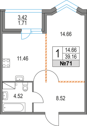 39,2 м², 1-комн. квартира, 12/16 этаж