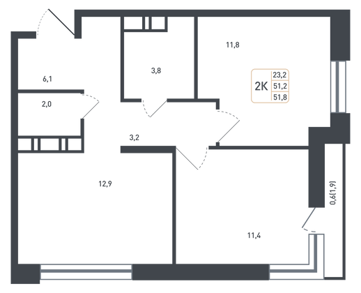 51,2 м², 2-комн. квартира, 5/8 этаж