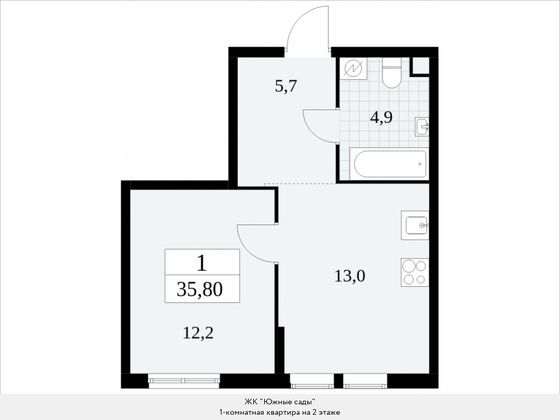 Продажа 1-комнатной квартиры 35,8 м², 2/16 этаж